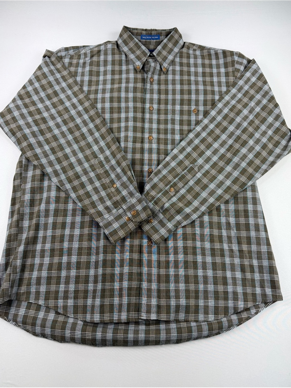 Men’s Plaid Button Down Shirt Cambridge Classics Large Brown Blue Long Sleeve